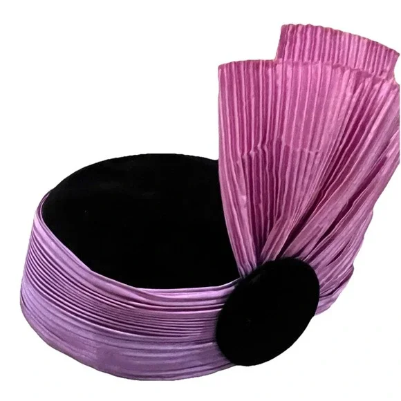 Eric Javits Vtg Pillbox Hat Fascinator Purple Pleats Velvet 80s Easter Statement - Picture 2 of 9